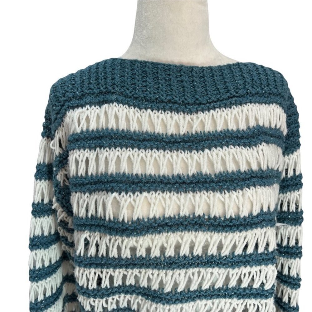 Unique! Vintage Hand Knit Open Weave Sweater White/Teal Size M/L - Picture 6 of 10